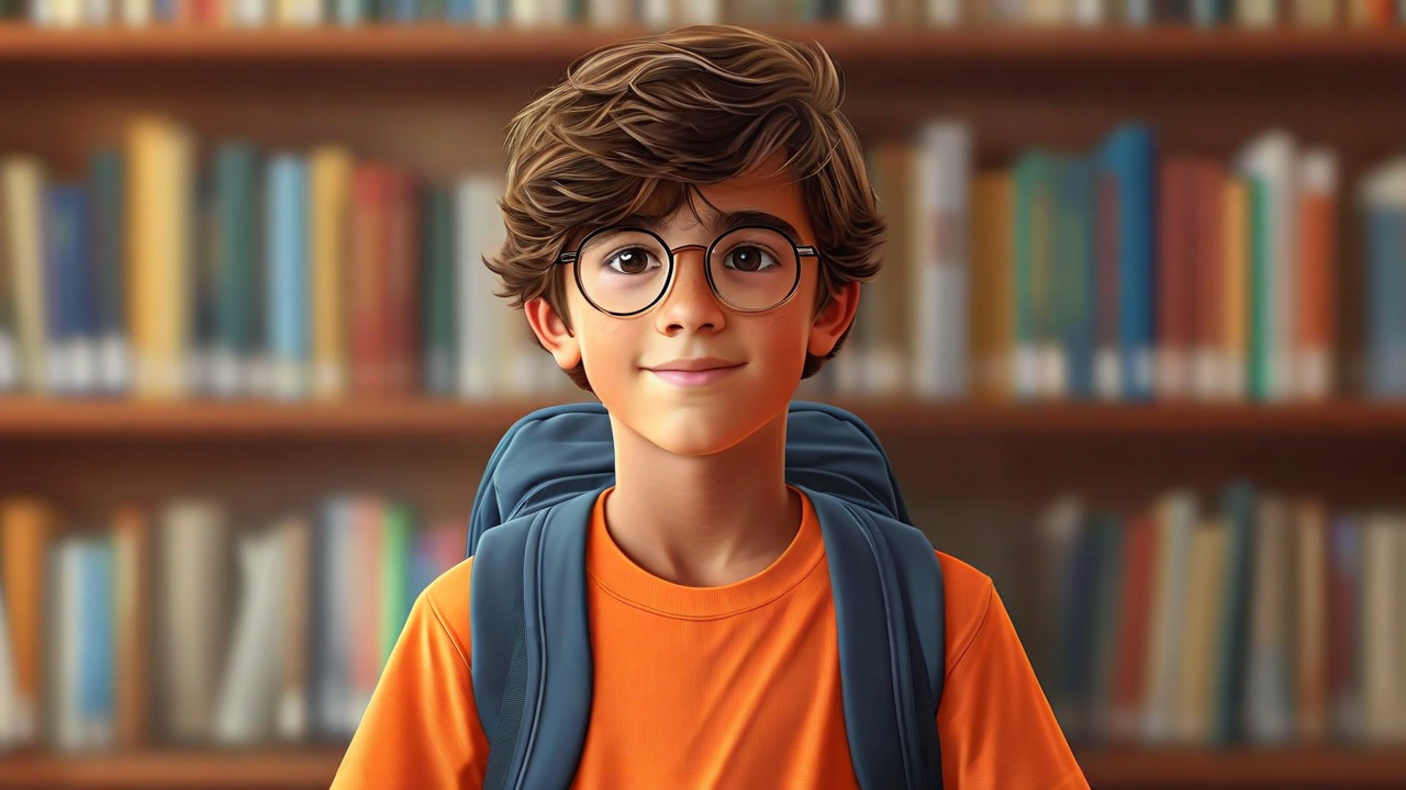 Inocêncio Jonas (Inô) - garoto de 14 anos com óculos redondos e mochila cheia de livros